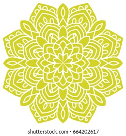 Green flower mandala. Ornamental round doodle floral element isolated on white background. Vector illustration.