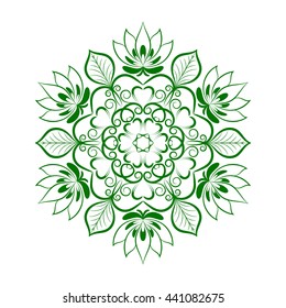 Green Flower Mandala Over White. Invitation element. Tattoo, astrology, alchemy, boho and magic symbol for your projects