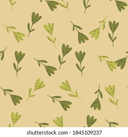 Green flower ornament seamless doodle pattern. Beige background. Simple pastel nature artwork. Vector illustration for seasonal textile prints, fabric, banners, backdrops and wallpapers.