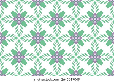 A green flower pattern with purple accents and symmetrical leaf design creating fresh and elegant seamless background