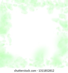 Green flower petals falling down. Energetic romantic flowers frame. Flying petal on white square background. Love, romance concept. Bizarre wedding invitation.