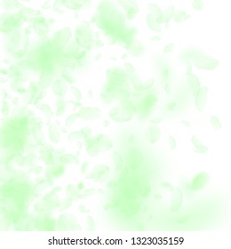 Green flower petals falling down. Divine romantic flowers gradient. Flying petal on white square background. Love, romance concept. Classy wedding invitation.