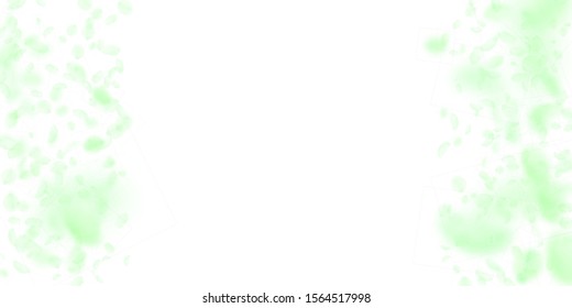 Green flower petals falling down. Curious romantic flowers border. Flying petal on white wide background. Love, romance concept. Decent wedding invitation.