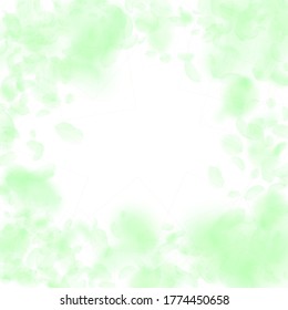 Green flower petals falling down. Appealing romantic flowers vignette. Flying petal on white square background. Love, romance concept. Dazzling wedding invitation.