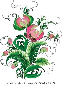 Green flower in petrykivka style. Pink, green, dark green colours. 