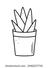 Green flower in a pot, vector illustration of the contour of a doodle plant, landscaping of the room