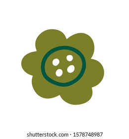 Green flower shaped decorative button clip art. Simple hand drawn modern doodle drawing, isolated vector illustration in trendy sketch style. Atelier or handicraft sewing hobby symbol craft accessorie