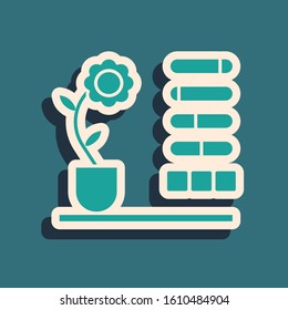 Green Flower status icon isolated on blue background. Long shadow style. Vector Illustration