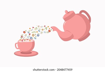 Green flower tea. 5 o'clock, tea time. Teapot and cup with pouring herbal drink. Healthy vitamin tea. Vector illustration with isolated background.