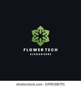 Hoja de logotipo de tecnología de flores verdes con icono electrónico