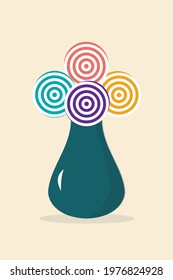 Green Flower Vase with Colorful Abstract Swirl circle Flowers.  Vector Design for icon, symbol, wall art, poster, design element or Logo