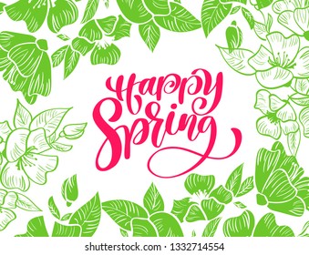 Green Flower Vector frame for greeting card with red text handwritten Happy Spring. Isolated flat floral illustration on white background. Scandinavian hand drawn nature design