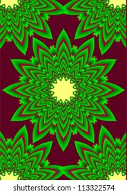 Green flower with a yellow center, on a red background.