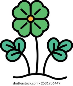 A green flower with a yellow center. The flower is surrounded by three green leaves. The image has a cheerful and positive mood