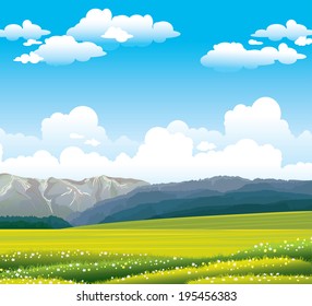 Green flowering field with forest and mountains on a blue sky with clouds. Nature vector landscape.