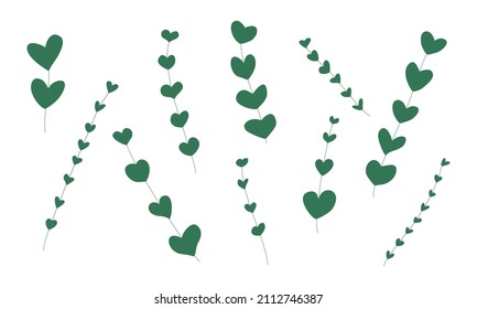 Green flowers or branch made of hearts with love. Set of green heart shaped plants for environmental protection and care