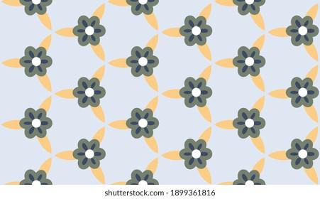 Green flowers dainty floral motif cute baby pattern traditional Japan geometric ornament. Minimalistic light blue background simple geo all over print block for childish fashion textile, shirt fabric.