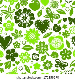Green flowers and hearts silhouettes on white seamless pattern, vector