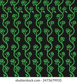 green flowers and leaves seamless pattern with wavy branch vector graphic illustration in black background