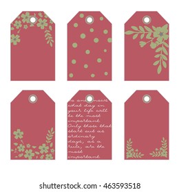 green flowers on a red background. Vector hand drawn set.  Romantic tags collection  with flowers, lettering.  Set of  holiday invitations. 