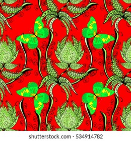 Green flowers on red background with butterflies. Vector.