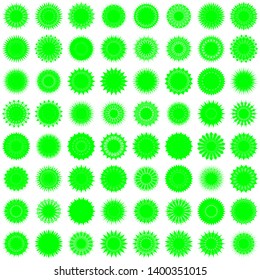 Green Flowers / Pseudo-Snowflakes on white background. Sharp set of 64 items. 18 (eighteen) angles. - Vector