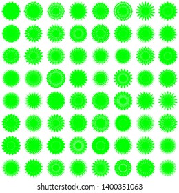 Green Flowers / Pseudo-Snowflakes on white background. Sharp set of 64 items. 18 (eighteen) angles. - Vector