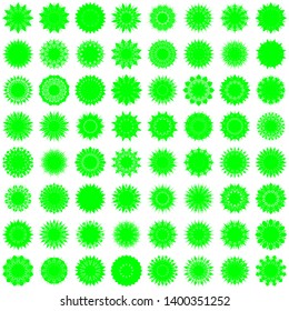 Green Flowers / Pseudo-Snowflakes on white background. Sharp set of 64 items. 12 (twelve) angles. - Vector