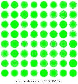 Green Flowers / Pseudo-Snowflakes on white background. Sharp set of 64 items. 18 (eighteen) angles. - Vector