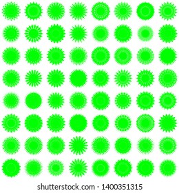 Green Flowers / Pseudo-Snowflakes on white background. Sharp set of 64 items. 18 (eighteen) angles. - Vector