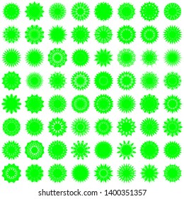 Green Flowers / Pseudo-Snowflakes on white background. Sharp set of 64 items. 12 (twelve) angles. - Vector