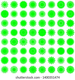 Green Flowers / Pseudo-Snowflakes on white background. Sharp set of 64 items. 12 (twelve) angles. - Vector