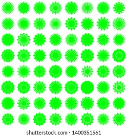 Green Flowers / Pseudo-Snowflakes on white background. Sharp set of 64 items. 12 (twelve) angles. - Vector
