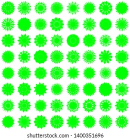Green Flowers / Pseudo-Snowflakes on white background. Sharp set of 64 items. 11 (eleven) angles. - Vector