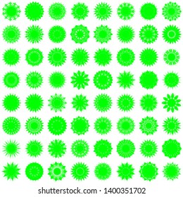 Green Flowers / Pseudo-Snowflakes on white background. Sharp set of 64 items. 11 (eleven) angles. - Vector