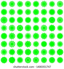 Green Flowers / Pseudo-Snowflakes on white background. Sharp set of 64 items. 11 (eleven) angles. - Vector