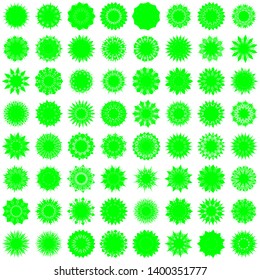 Green Flowers / Pseudo-Snowflakes on white background. Sharp set of 64 items. 11 (eleven) angles. - Vector