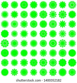 Green Flowers / Pseudo-Snowflakes on white background. Sharp set of 64 items.  