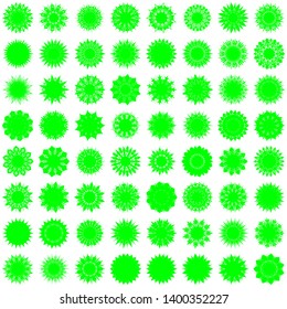 Green Flowers / Pseudo-Snowflakes on white background. Sharp set of 64 items. 11 (eleven) angles. - Vector