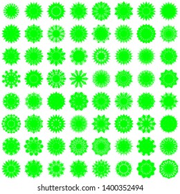 Green Flowers / Pseudo-Snowflakes on white background. Sharp set of 64 items. 