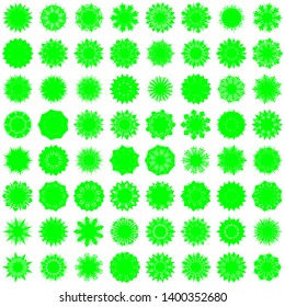 Green Flowers / Pseudo-Snowflakes on white background. Sharp set of 64 items. 9 (nine) angles. - Vector