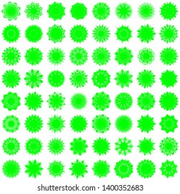 Green Flowers / Pseudo-Snowflakes on white background. Sharp set of 64 items. 9 (nine) angles. - Vector