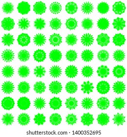 Green Flowers / Pseudo-Snowflakes on white background. Sharp set of 64 items. 9 (nine) angles. - Vector