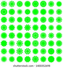 Green Flowers / Pseudo-Snowflakes on white background. Sharp set of 64 items. 10 (ten) angles. - Vector
