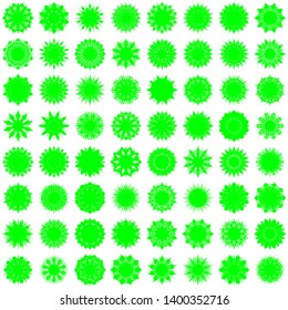 Green Flowers / Pseudo-Snowflakes on white background. Sharp set of 64 items. 10 (ten) angles. - Vector