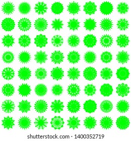 Green Flowers / Pseudo-Snowflakes on white background. Sharp set of 64 items. 10 (ten) angles. - Vector