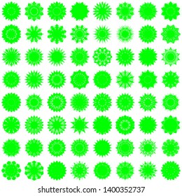 Green Flowers / Pseudo-Snowflakes on white background. Sharp set of 64 items. 10 (ten) angles. - Vector