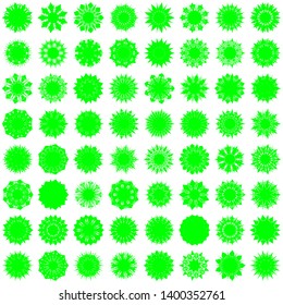 Green Flowers / Pseudo-Snowflakes on white background. Sharp set of 64 items. 9 (nine) angles. - Vector