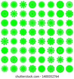 Green Flowers / Pseudo-Snowflakes on white background. Sharp set of 64 items. 9 (nine) angles. - Vector