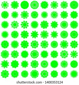Green Flowers / Pseudo-Snowflakes on white background. Sharp set of 64 items. 9 (nine) angles. - Vector